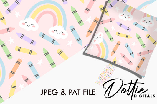 Pink Pastel Wax Crayons with Rainbows Repeat Seamless Pattern