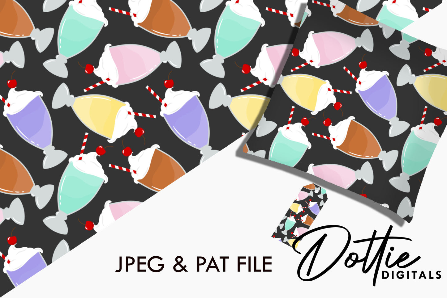 Multi-colored Ice Cream Sundaes on Black Repeat Seamless Pattern