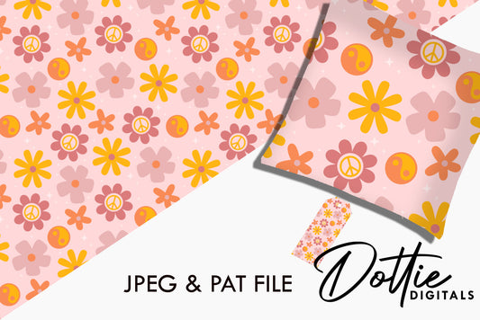 Retro Pink Orange Peace Sign Floral Repeat Seamless Pattern