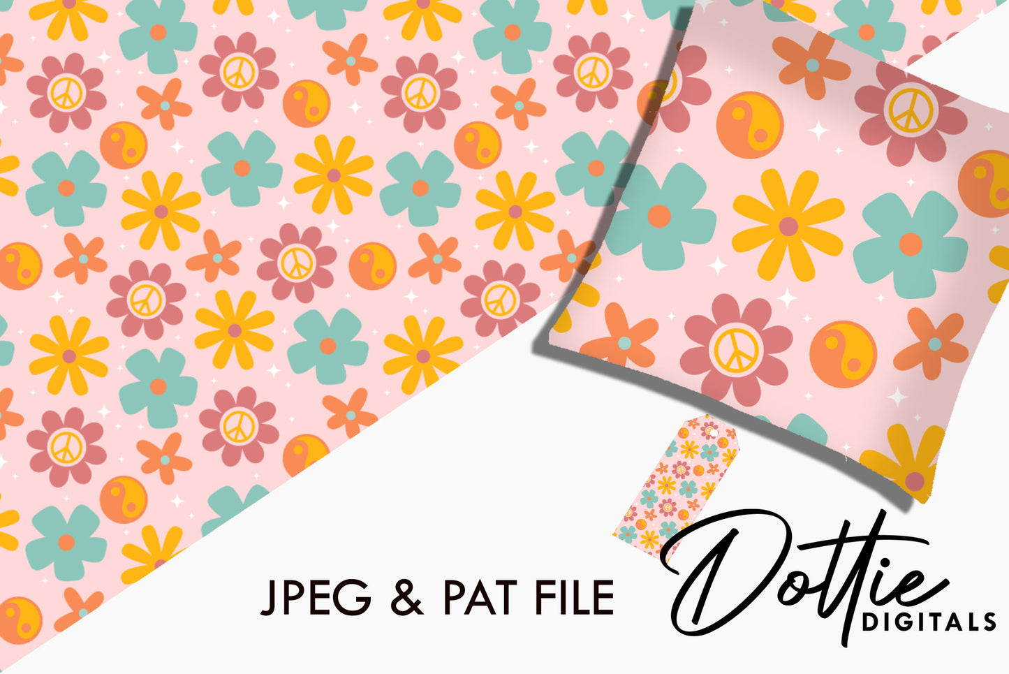 Retro Pink Peace Sign Floral Repeat Seamless Pattern
