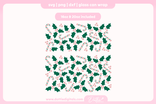 Pink Candy Canes and Jolly Holly 16oz & 20oz Libbey Glass Can Bundle SVG PNG