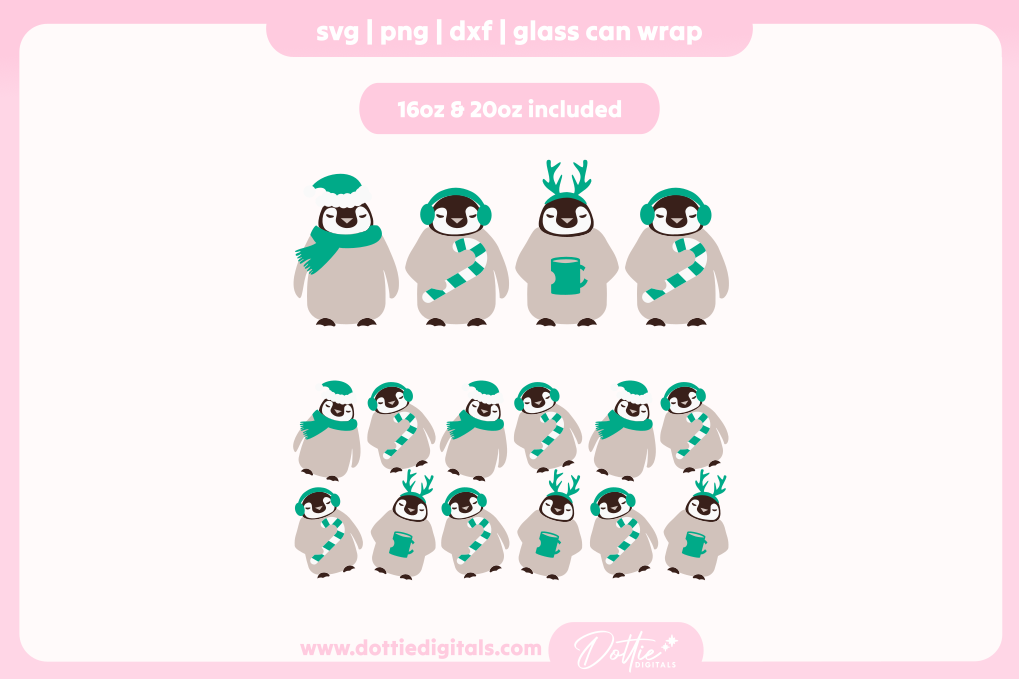 Christmas Penguins 16oz & 20oz Libbey Glass Can Bundle SVG PNG