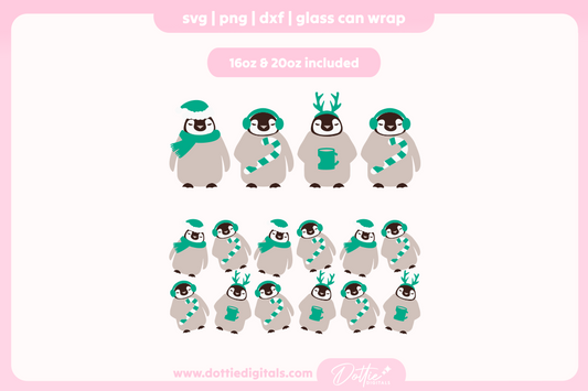 Christmas Penguins 16oz & 20oz Libbey Glass Can Bundle SVG PNG