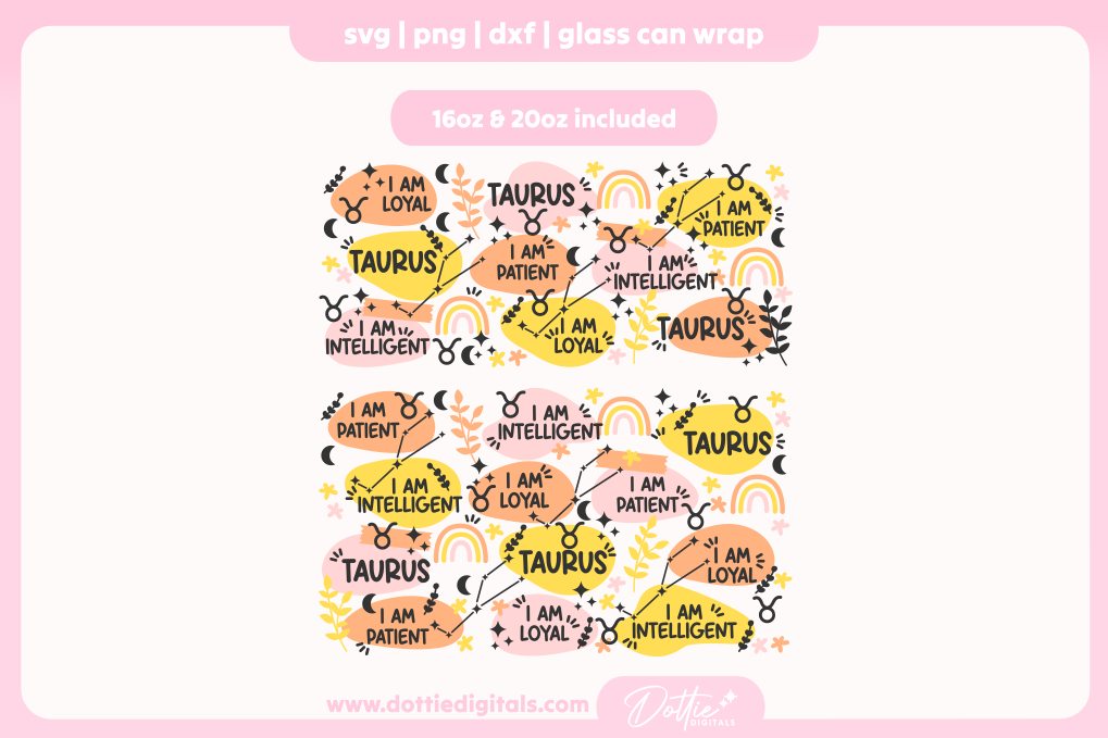 Taurus Star Sign Affirmations 16oz & 20oz Libbey Glass Can Bundle SVG PNG