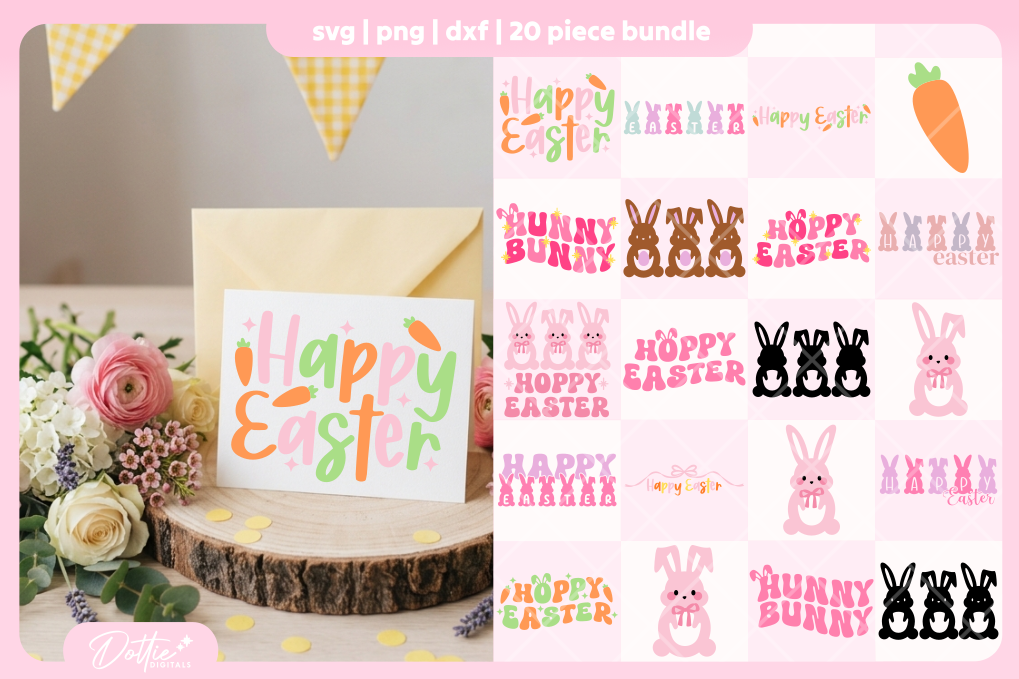Happy Easter Bunnies Bundle 20 SVGs PNGs