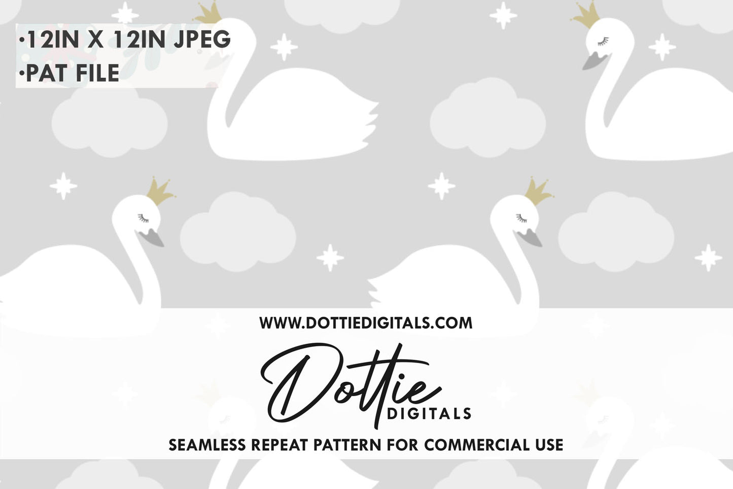 Majestic Swans With Crowns and Lilac Clouds Repeat Seamless Pattern