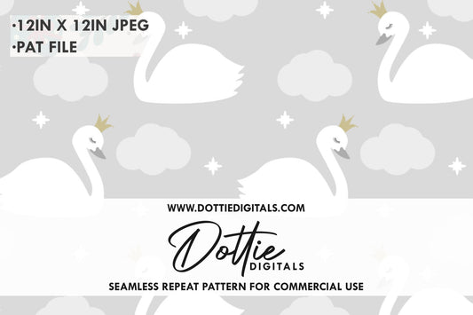 Majestic Swans With Crowns and Lilac Clouds Repeat Seamless Pattern