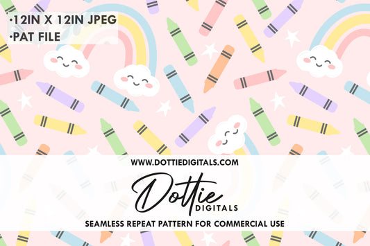 Pink Pastel Wax Crayons with Rainbows Repeat Seamless Pattern
