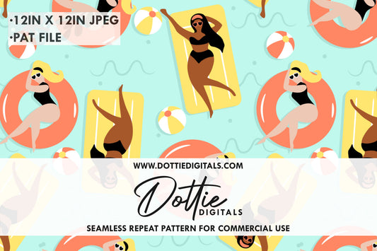Pool Party Girls in Rubber Rings and Lilos Repeat Seamless Pattern