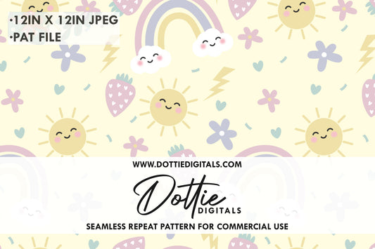 Pastel Funky Summer Strawberries, Rainbows, Suns Repeat Seamless Pattern