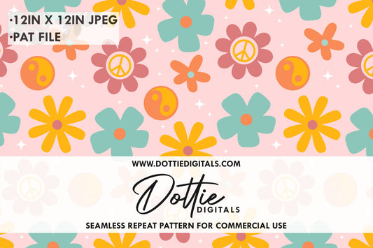 Retro Pink Peace Sign Floral Repeat Seamless Pattern