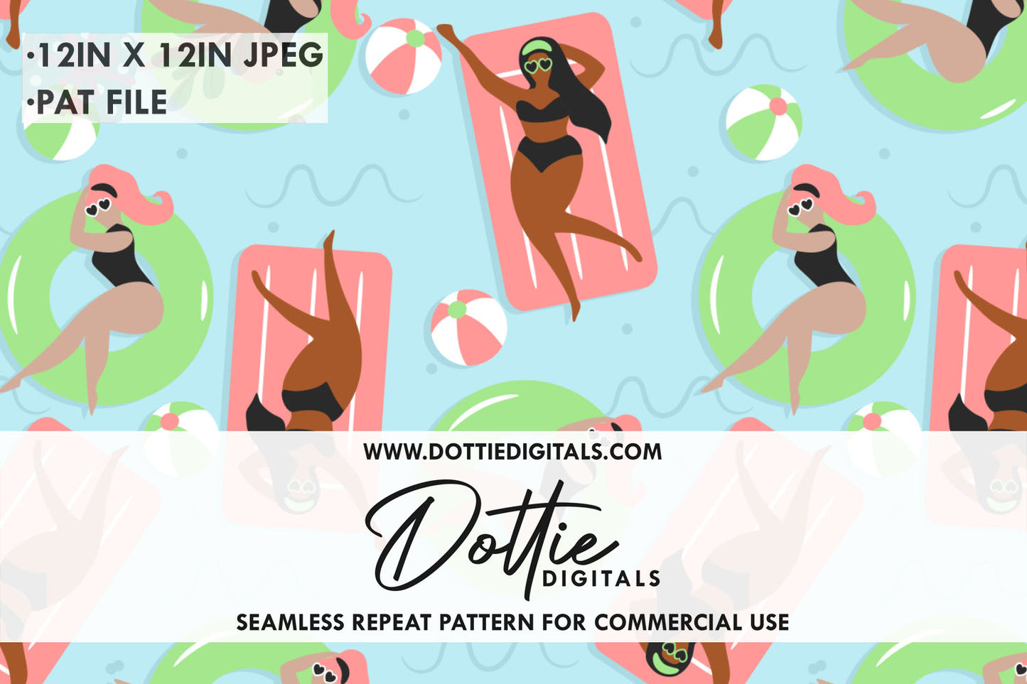 Females on Lilos and Rubber Rings Repeat Seamless Pattern