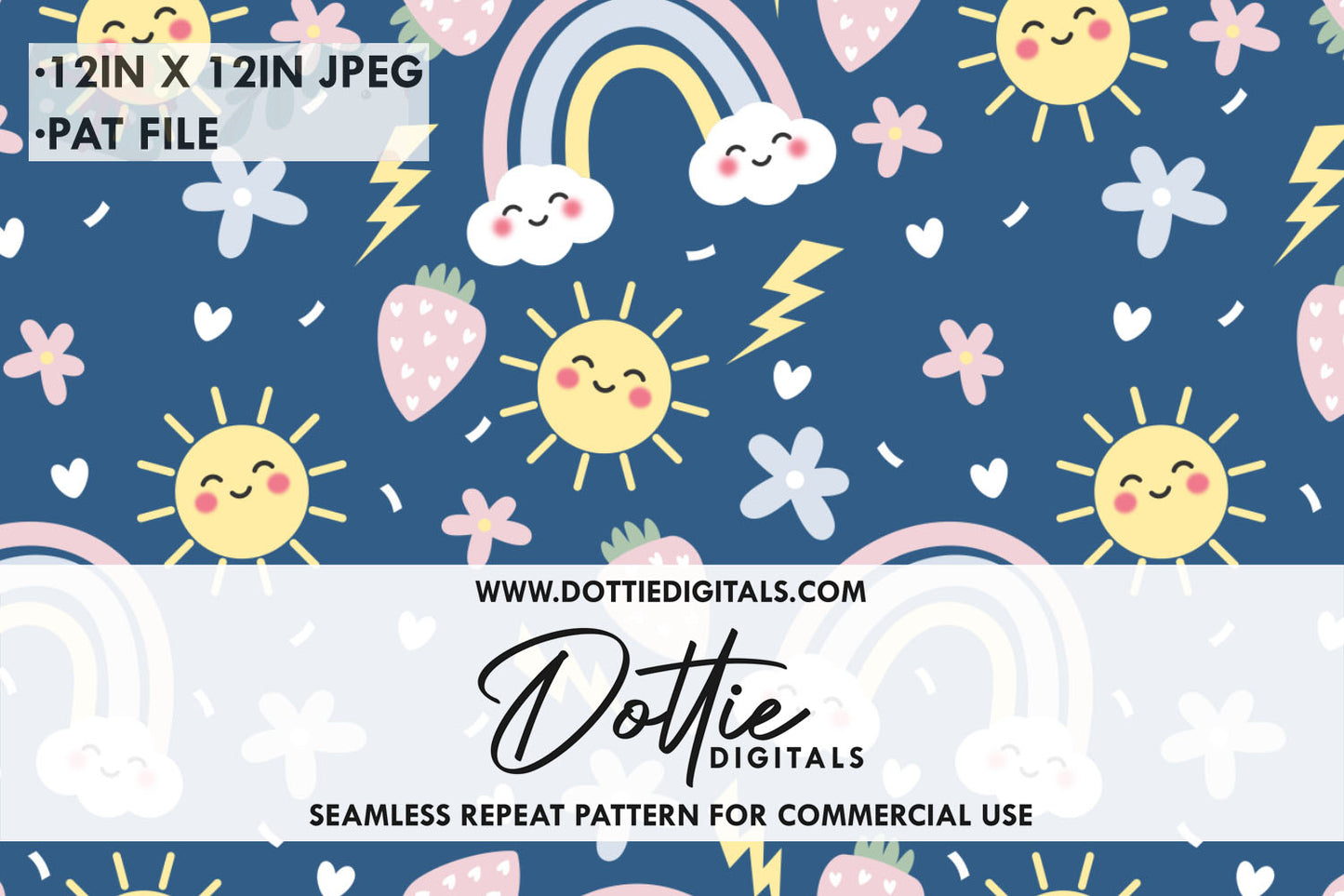 Blue Funky Summer Strawberries, Rainbows, Suns Repeat Seamless Pattern