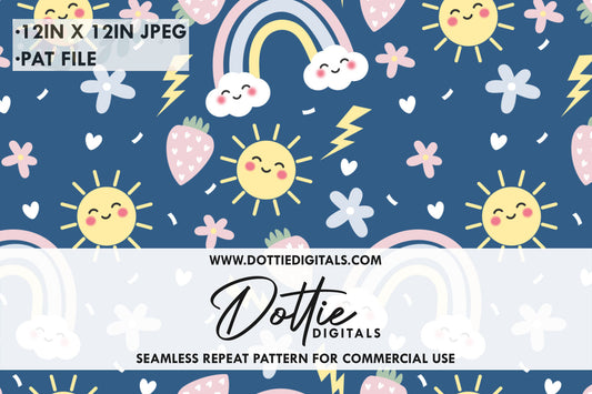 Blue Funky Summer Strawberries, Rainbows, Suns Repeat Seamless Pattern
