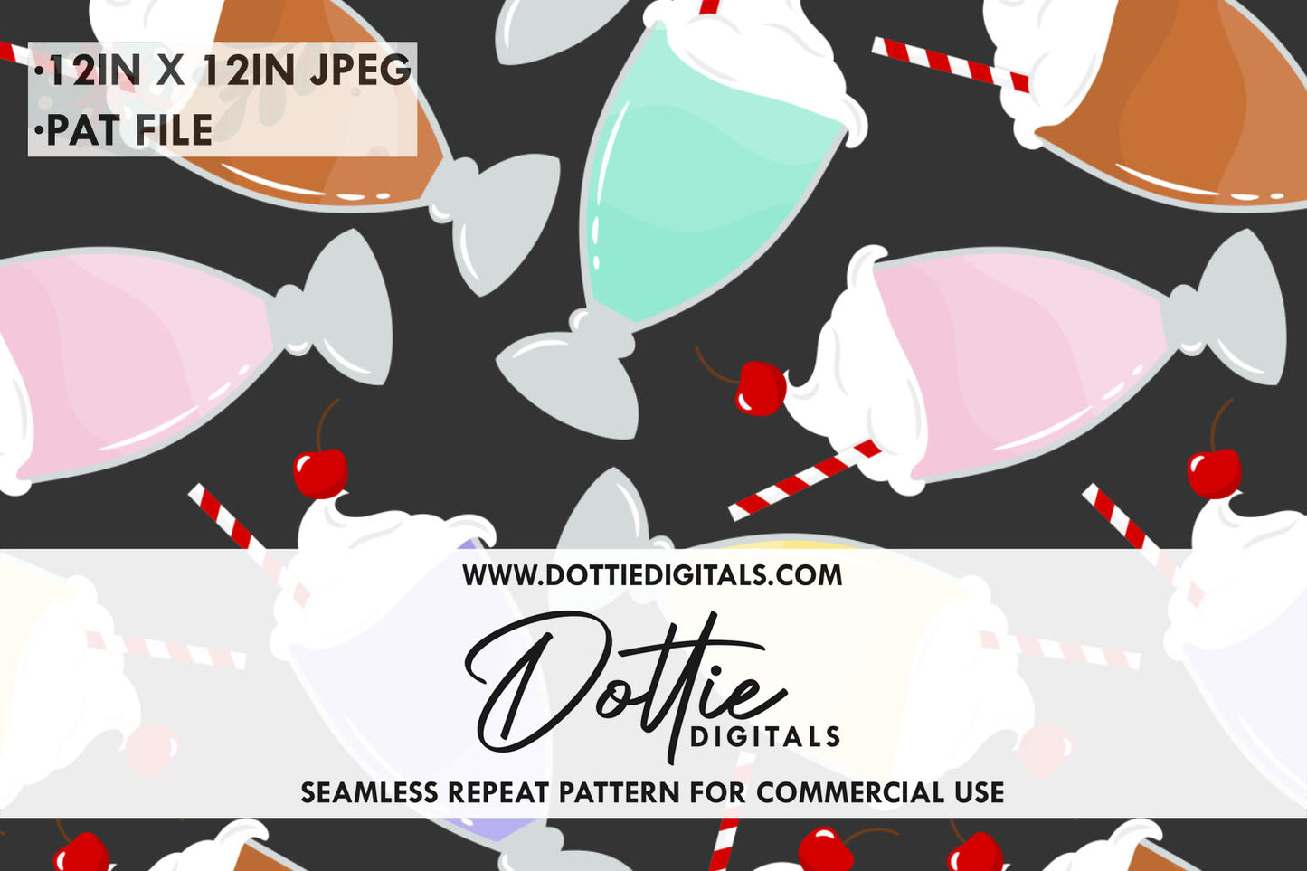 Multi-colored Ice Cream Sundaes on Black Repeat Seamless Pattern