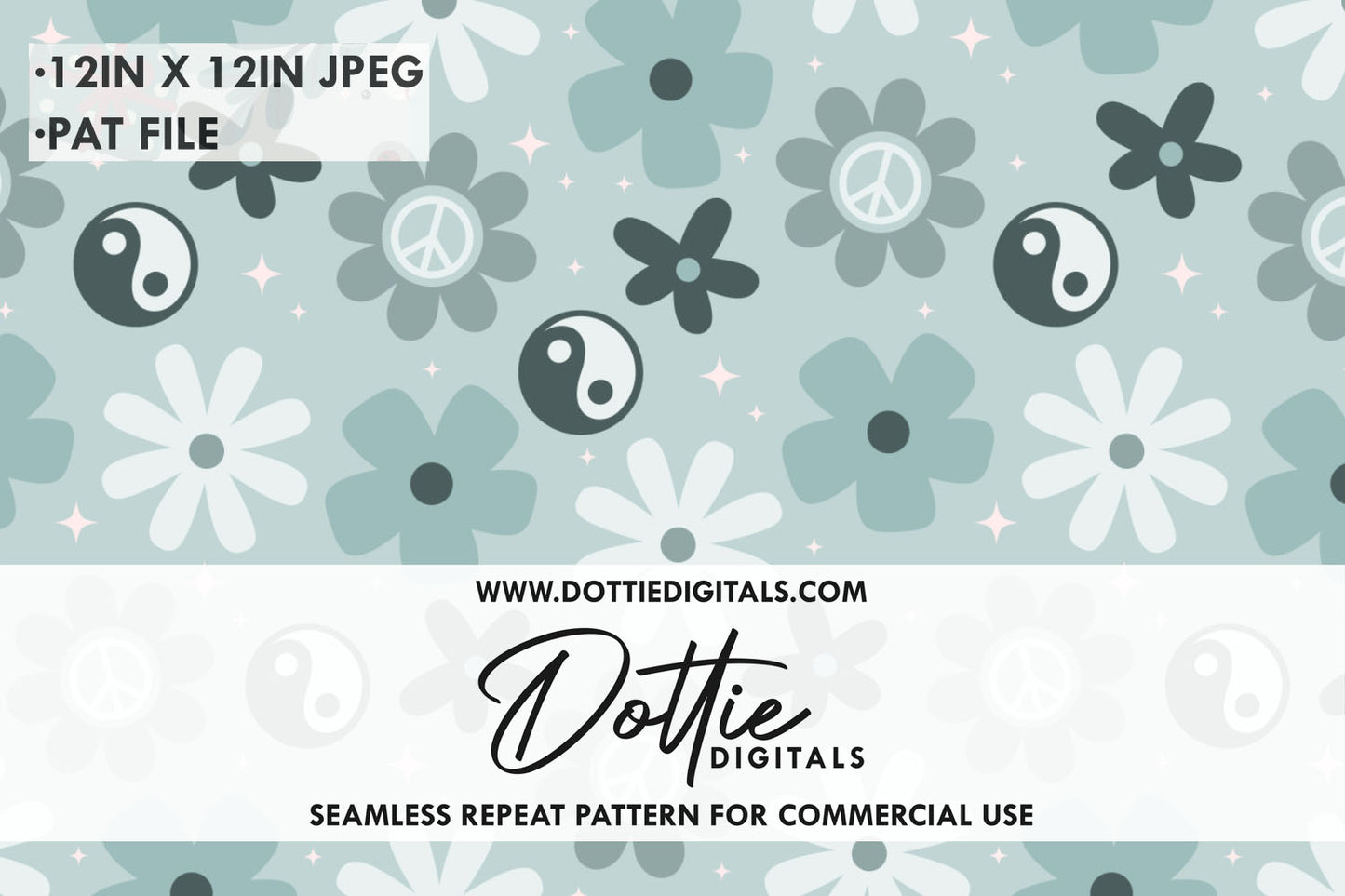 Retro Grey Yin Yang Floral Repeat Seamless Pattern