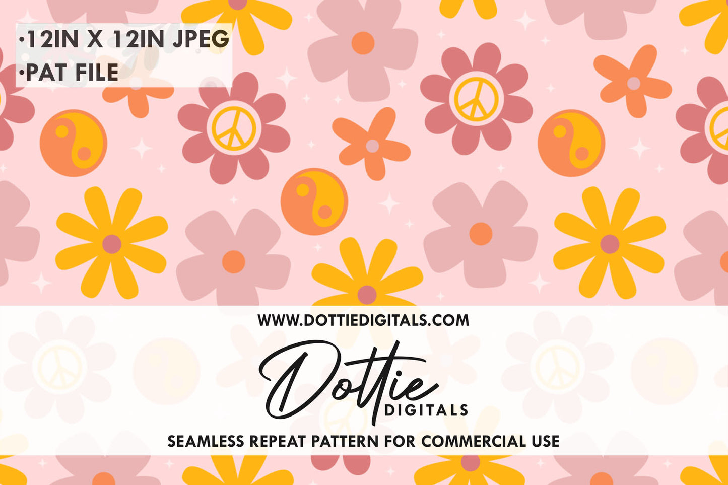 Retro Pink Orange Peace Sign Floral Repeat Seamless Pattern