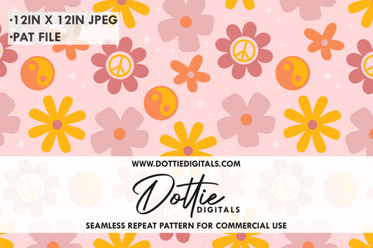 Retro Pink Orange Peace Sign Floral Repeat Seamless Pattern