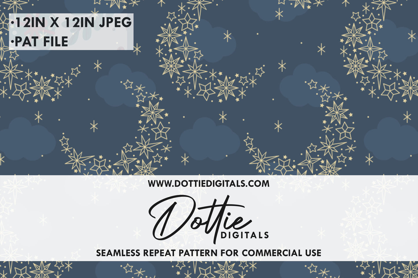 Dark Blue Sky Gold Stars and Moons Repeat Seamless Pattern