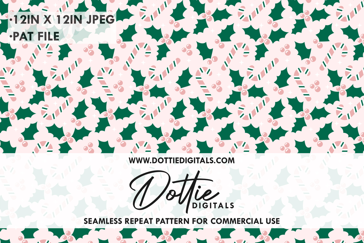 Holly and Candy Canes Repeat Seamless Pattern