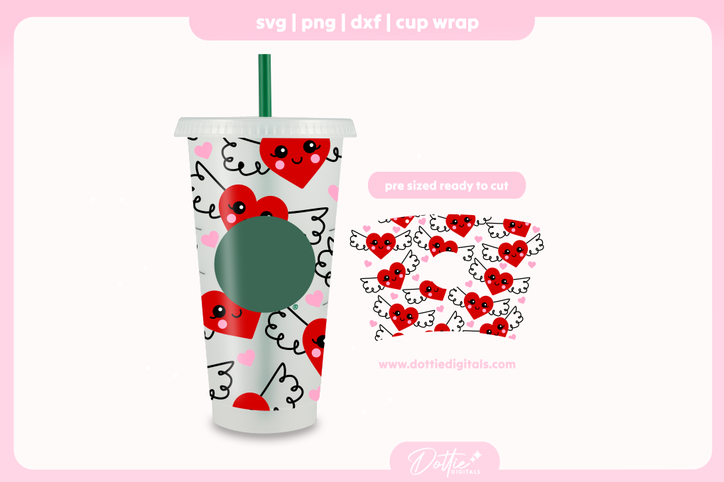Angel Hearts Valentines Cute Love Heart Winged 24oz Starbucks Cold Cup SVG PNG