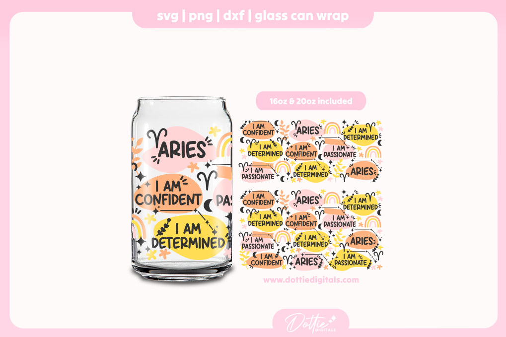 Aries Star Sign Affirmations 16oz & 20oz Libbey Glass Can Bundle SVG PNG