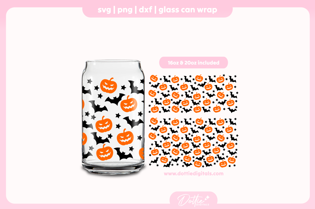 Halloween Pumpkin and Bats 16oz & 20oz Libbey Glass Can Bundle SVG PNG