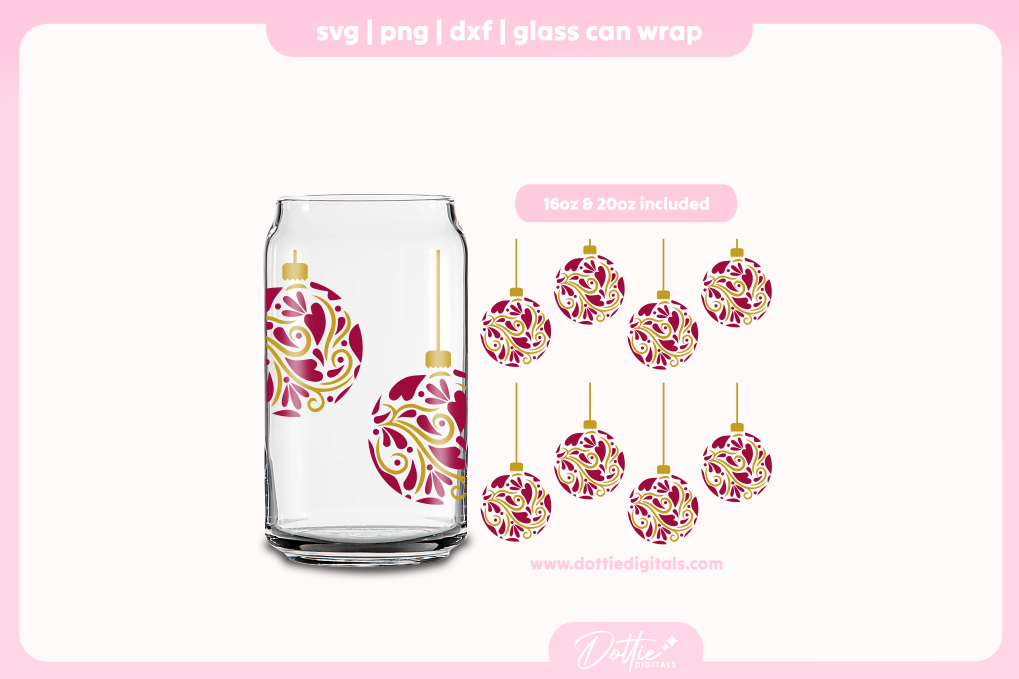 Ornate Christmas Baubles 16oz & 20oz Libbey Glass Can Bundle SVG PNG