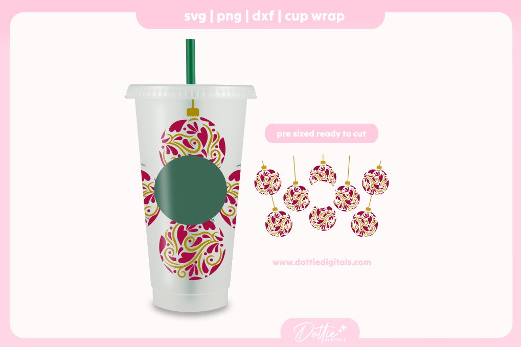 Ornate Christmas Baubles Festive Holiday 24oz Starbucks Cold Cup SVG PNG