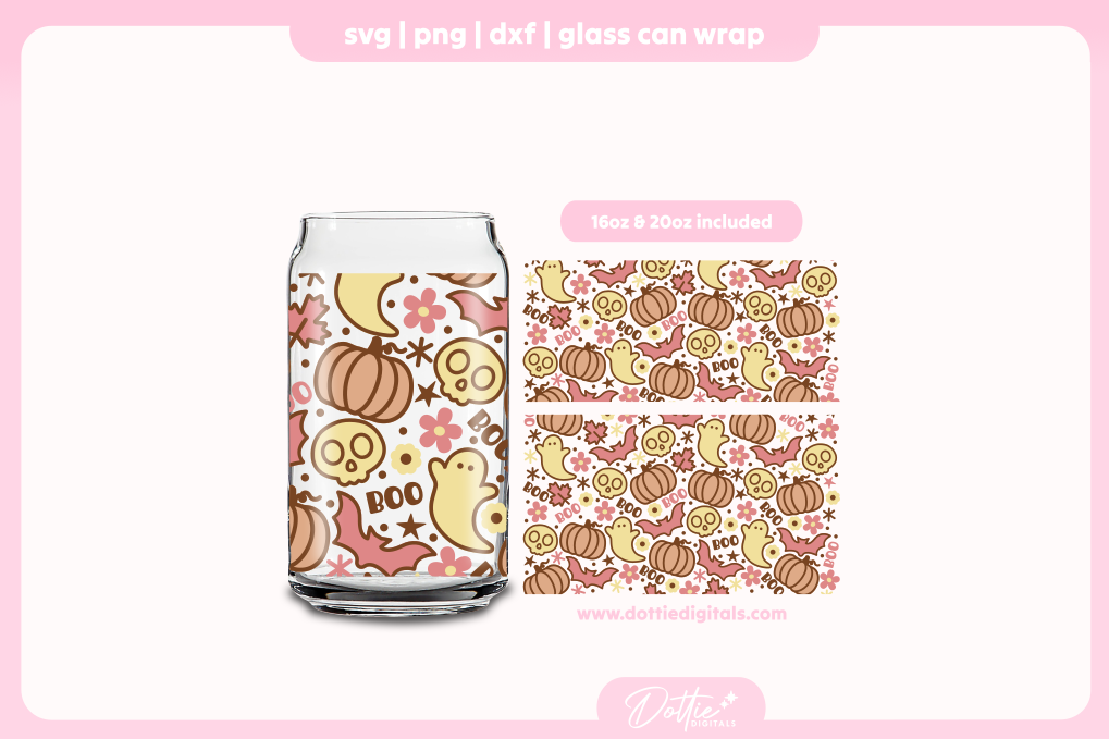 Spooky Boho Boo Halloween 16oz & 20oz Libbey Glass Can Bundle SVG PNG