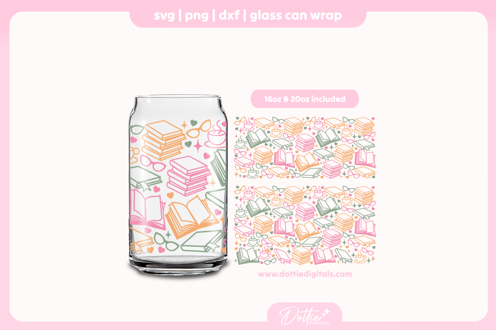 Books 16oz & 20oz Libbey Glass Can Bundle SVG PNG