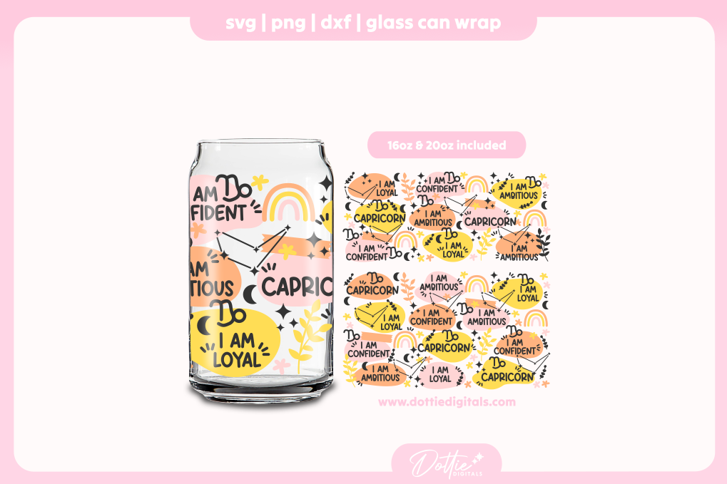 Capricorn Star Sign Affirmations 16oz & 20oz Libbey Glass Can Bundle SVG PNG