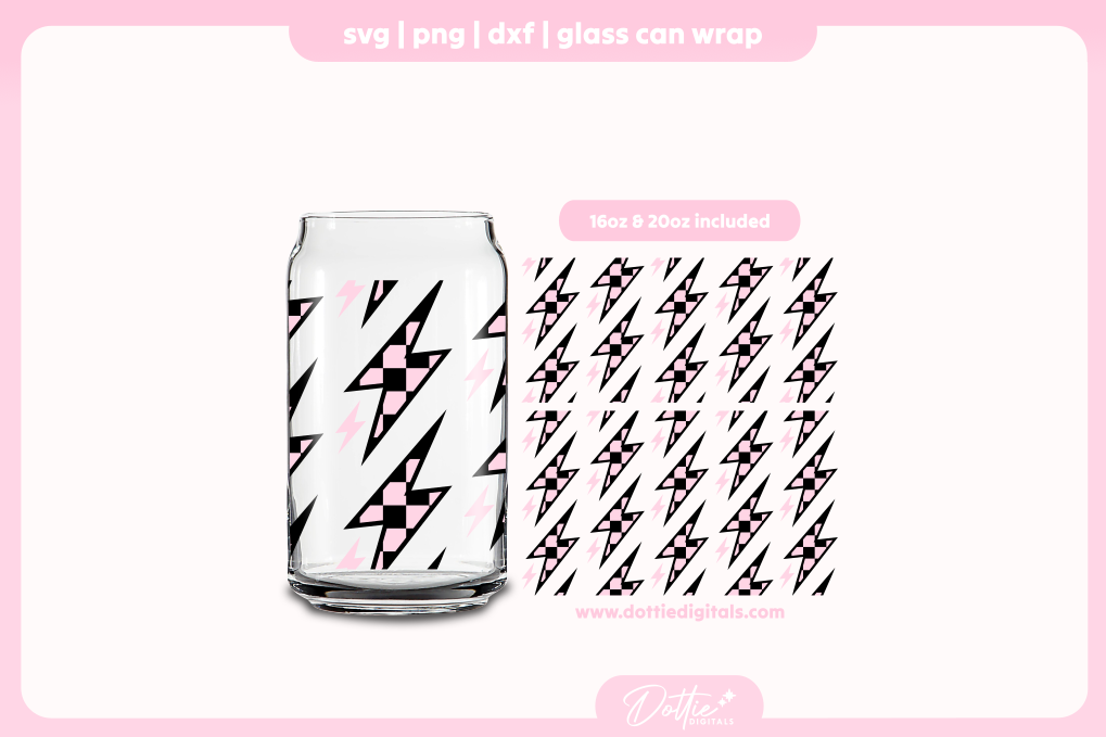 Checked Lightning Bolts 16oz & 20oz Libbey Glass Can Bundle SVG PNG