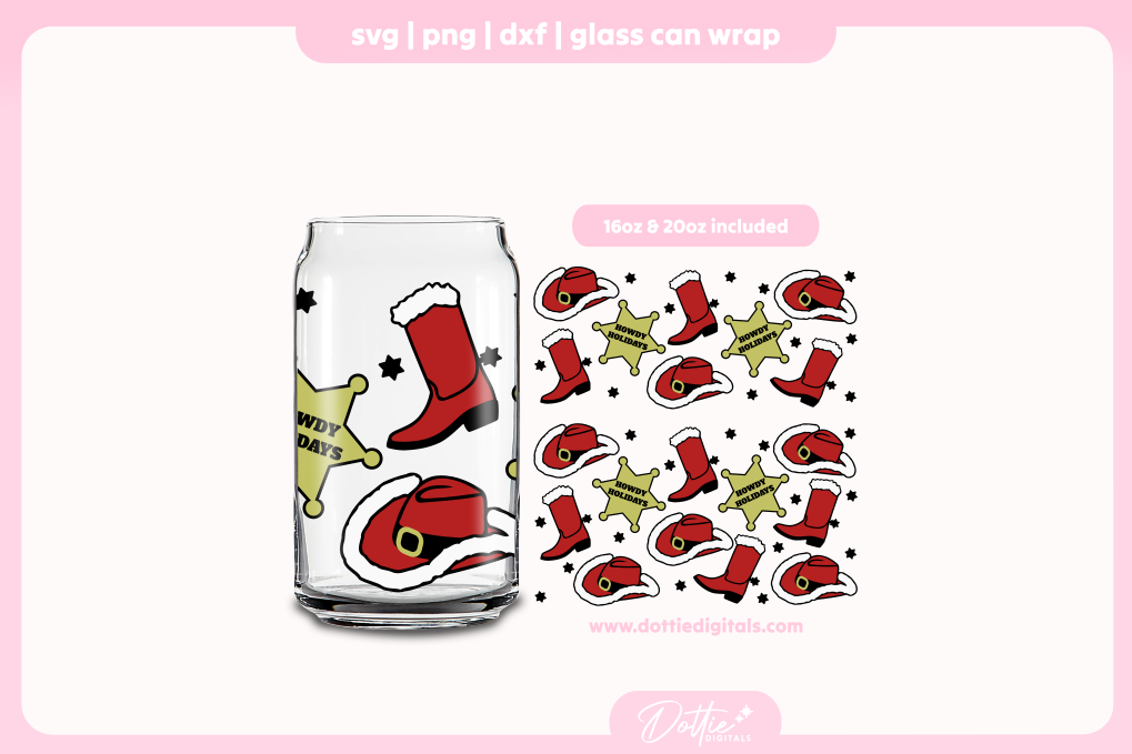 Howdy Holidays Christmas Cowboys 16oz & 20oz Libbey Glass Can Bundle SVG PNG