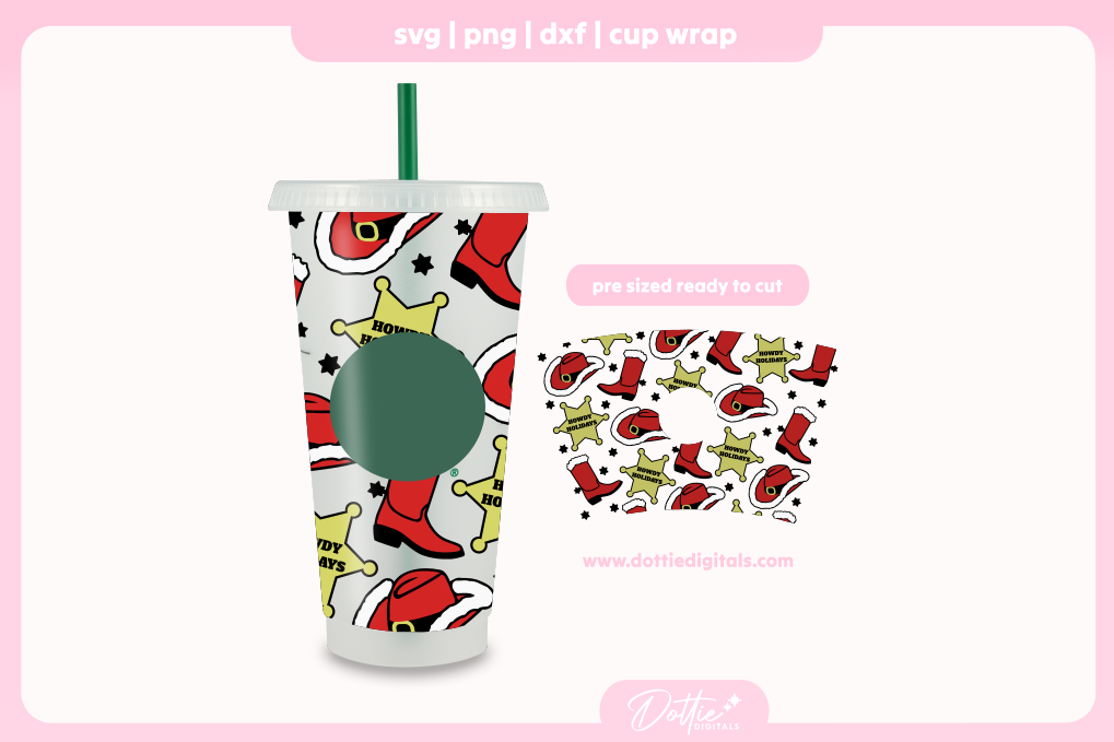 Howdy Holidays Christmas Cowboys 24oz Starbucks Cold Cup SVG PNG