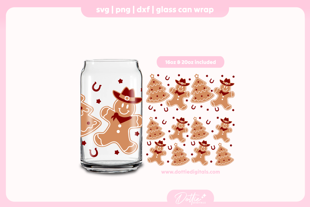 Christmas Cowboy Gingerbreads 16oz & 20oz Libbey Glass Can Bundle SVG PNG