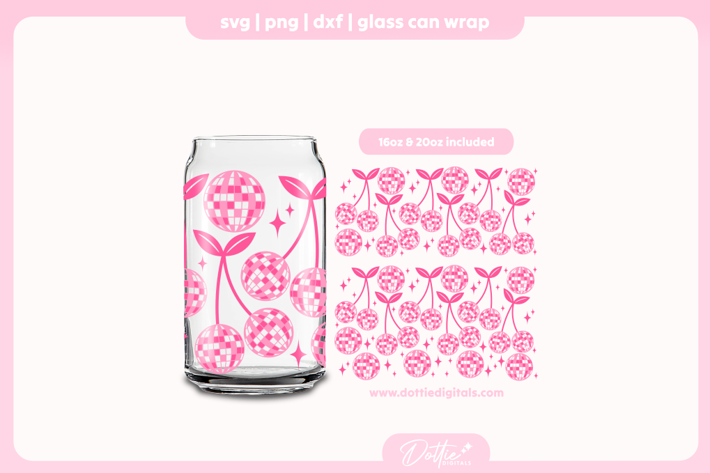 Cherry Glitter Disco Balls 16oz & 20oz Libbey Glass Can Bundle SVG PNG