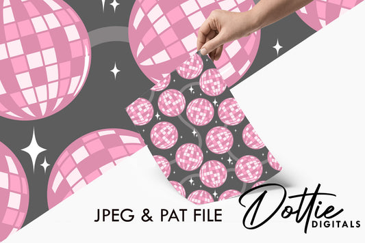 Pink Disco Balls on Black Repeat Seamless Pattern