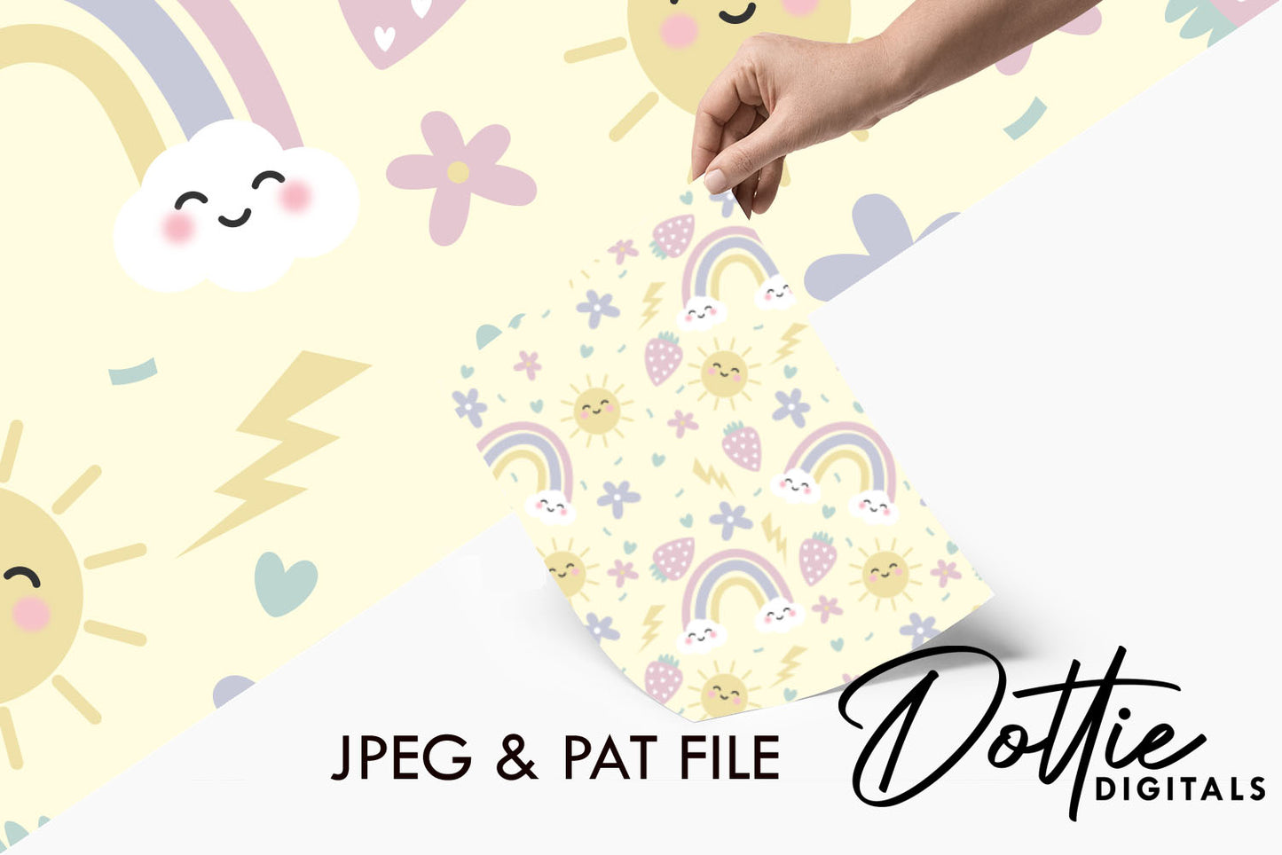 Pastel Funky Summer Strawberries, Rainbows, Suns Repeat Seamless Pattern