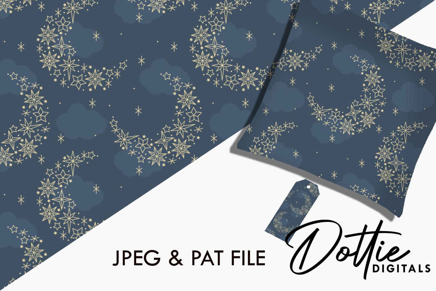 Dark Blue Sky Gold Stars and Moons Repeat Seamless Pattern