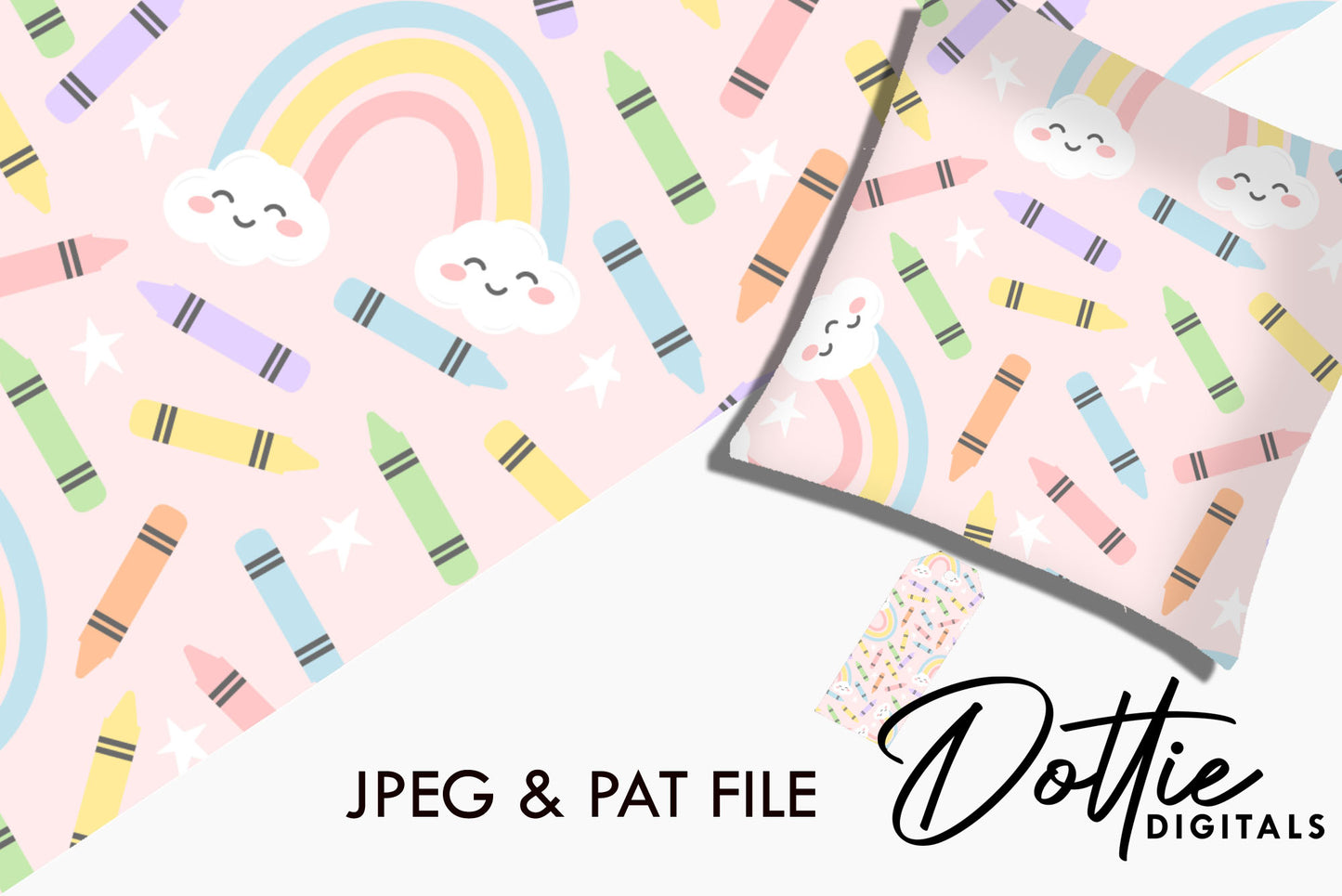 Pink Pastel Wax Crayons with Rainbows Repeat Seamless Pattern