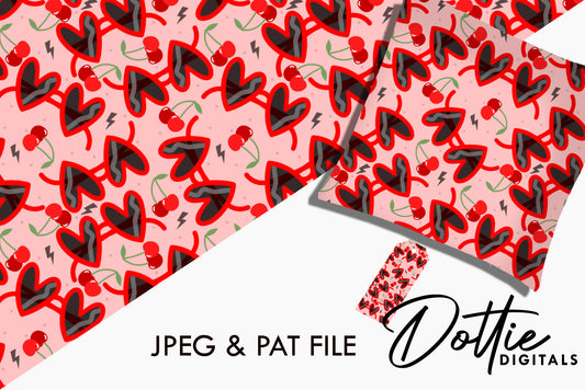 Red Heart Sunglasses Cherries Repeat Seamless Pattern