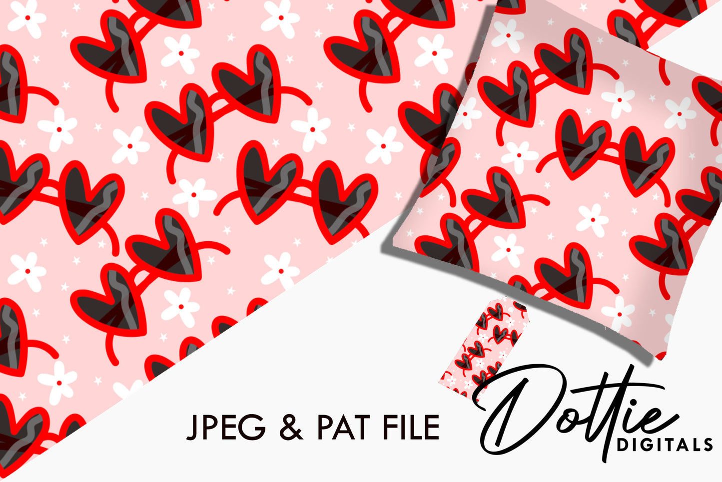 Red Heart Sunglasses Flowers Repeat Seamless Pattern
