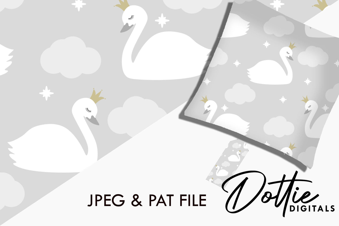 Majestic Swans With Crowns and Lilac Clouds Repeat Seamless Pattern