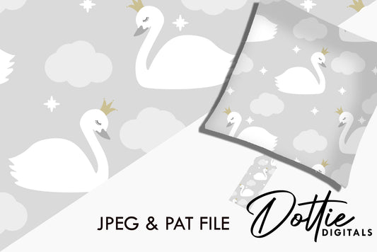 Majestic Swans With Crowns and Lilac Clouds Repeat Seamless Pattern