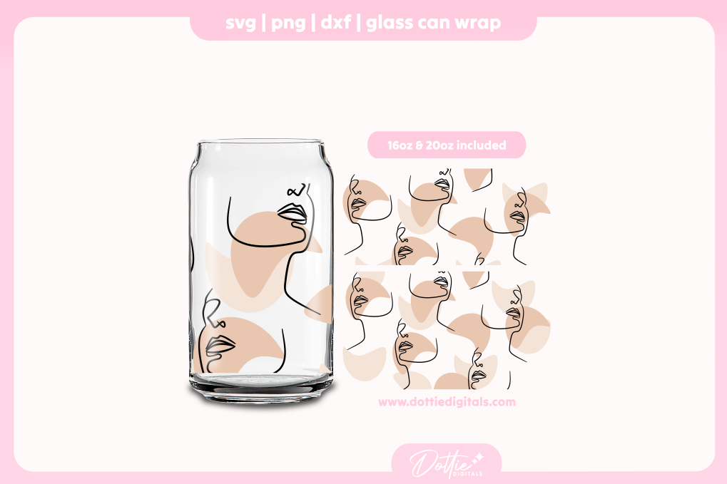 Abstract Face Line Drawing 16oz & 20oz Libbey Glass Can Bundle SVG PNG