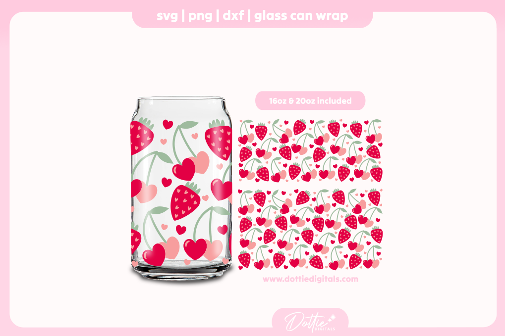 Valentine's Fruity Hearts 16oz & 20oz Libbey Glass Can Bundle SVG PNG
