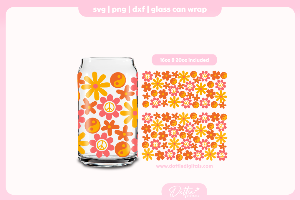 Funky Retro Floral 16oz & 20oz Libbey Glass Can Bundle SVG PNG