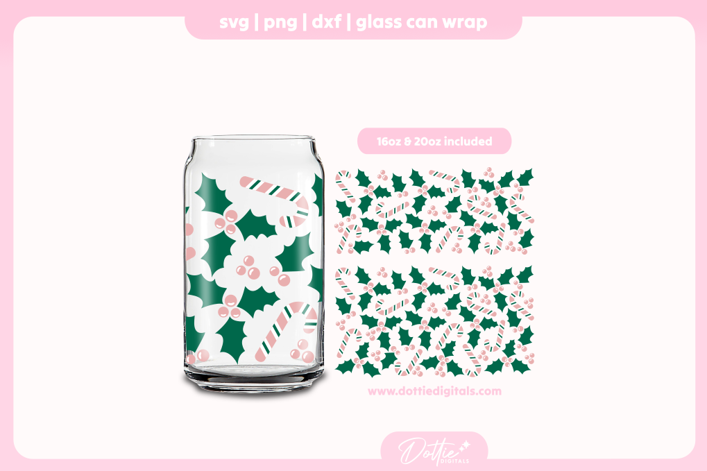Pink Candy Canes and Jolly Holly 16oz & 20oz Libbey Glass Can Bundle SVG PNG