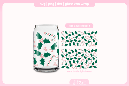 Pink Candy Canes and Jolly Holly 16oz & 20oz Libbey Glass Can Bundle SVG PNG